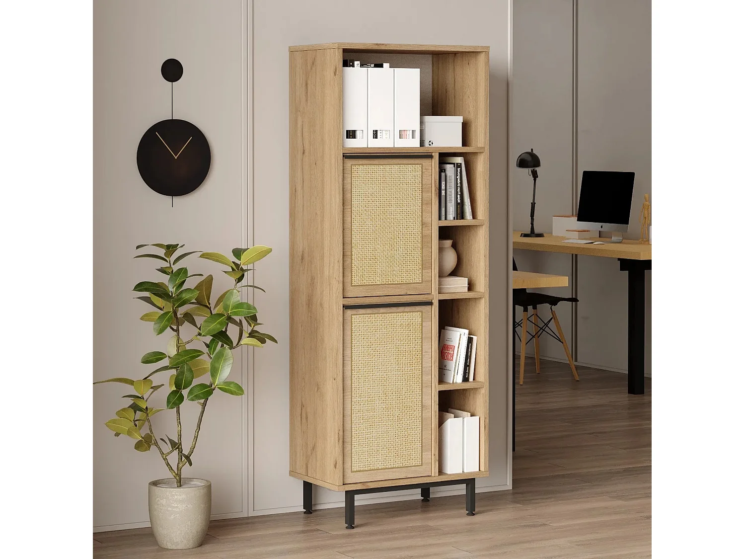 Bibliothèque Evelis L60cm Bois et Rotin clair