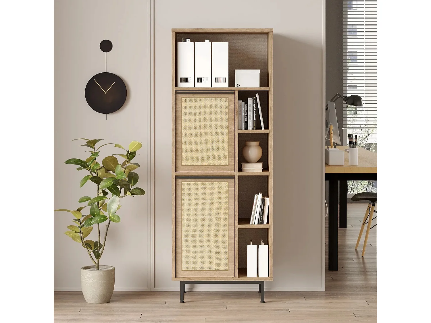 Bibliothèque Evelis L60cm Bois et Rotin clair