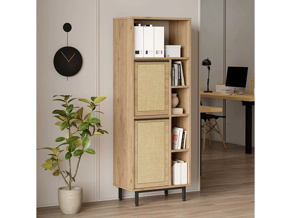 Bibliothèque Evelis L60cm Bois et Rotin clair