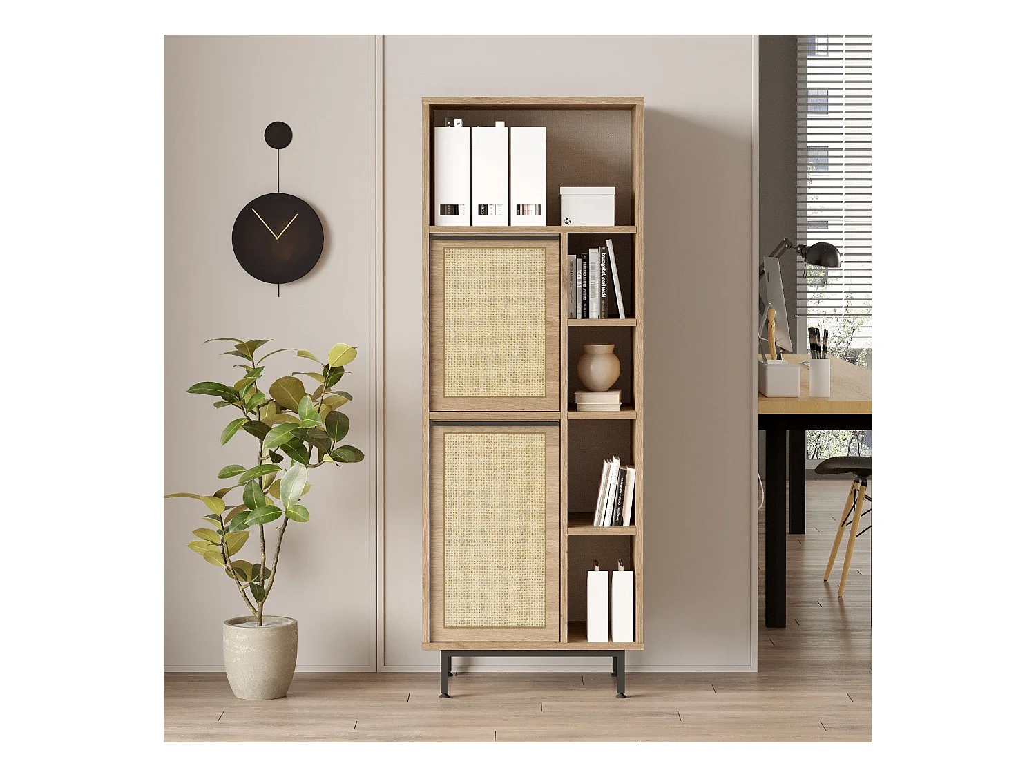 Bibliothèque Evelis L60cm Bois et Rotin clair