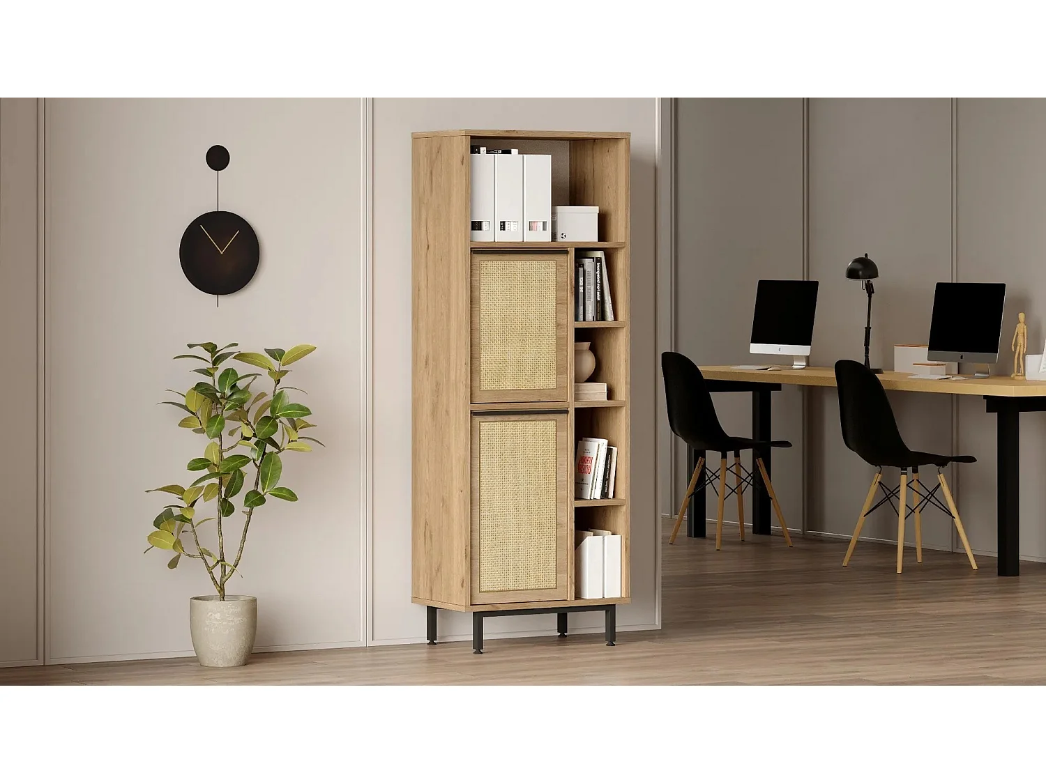Bibliothèque Evelis L60cm Bois et Rotin clair