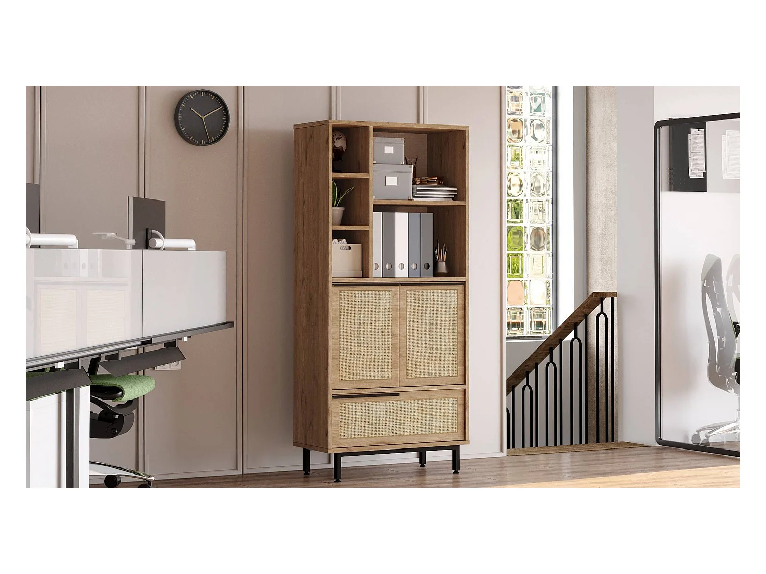 Bibliothèque Evelis L75cm Bois et Rotin clair