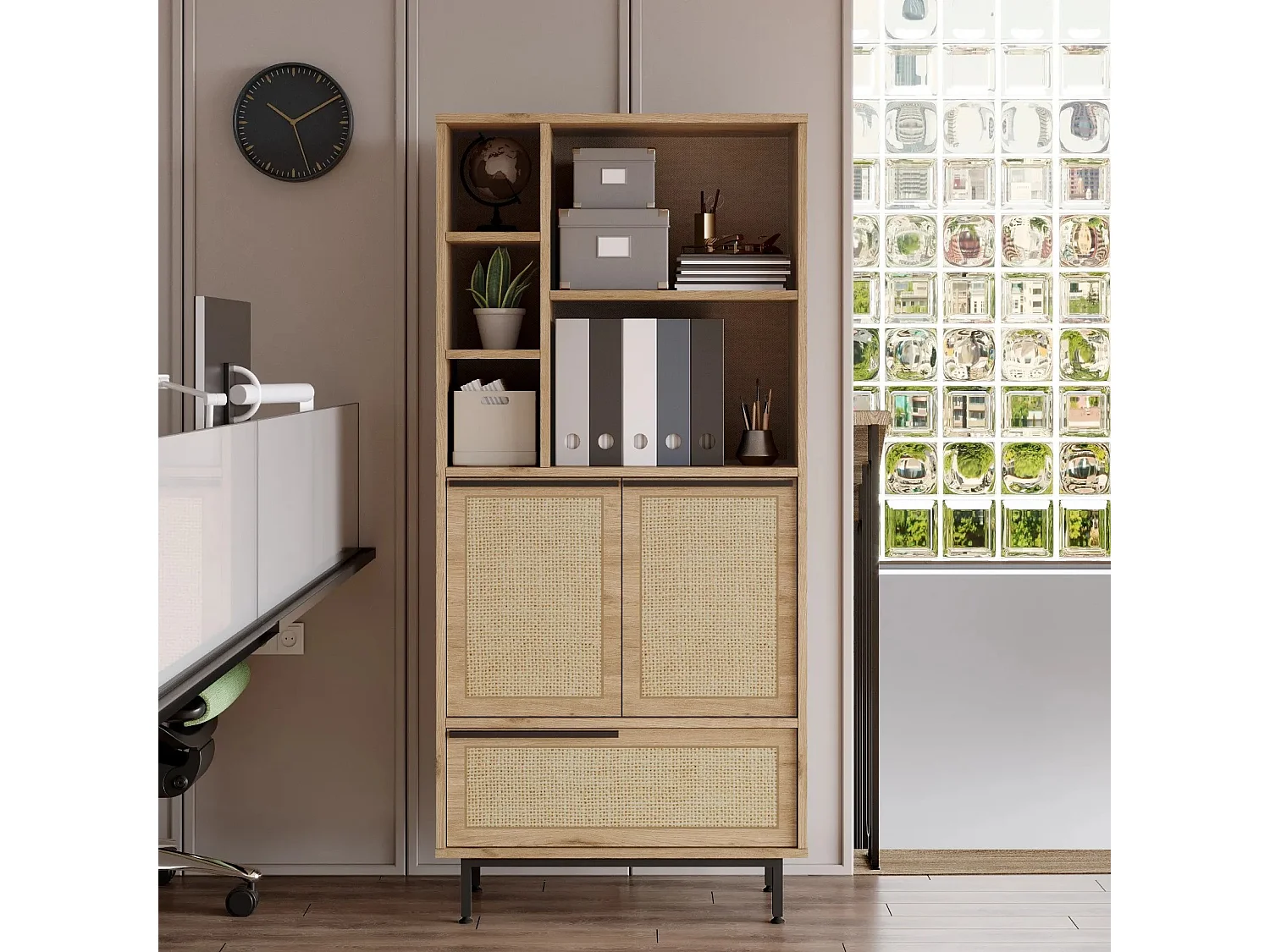 Bibliothèque Evelis L75cm Bois et Rotin clair