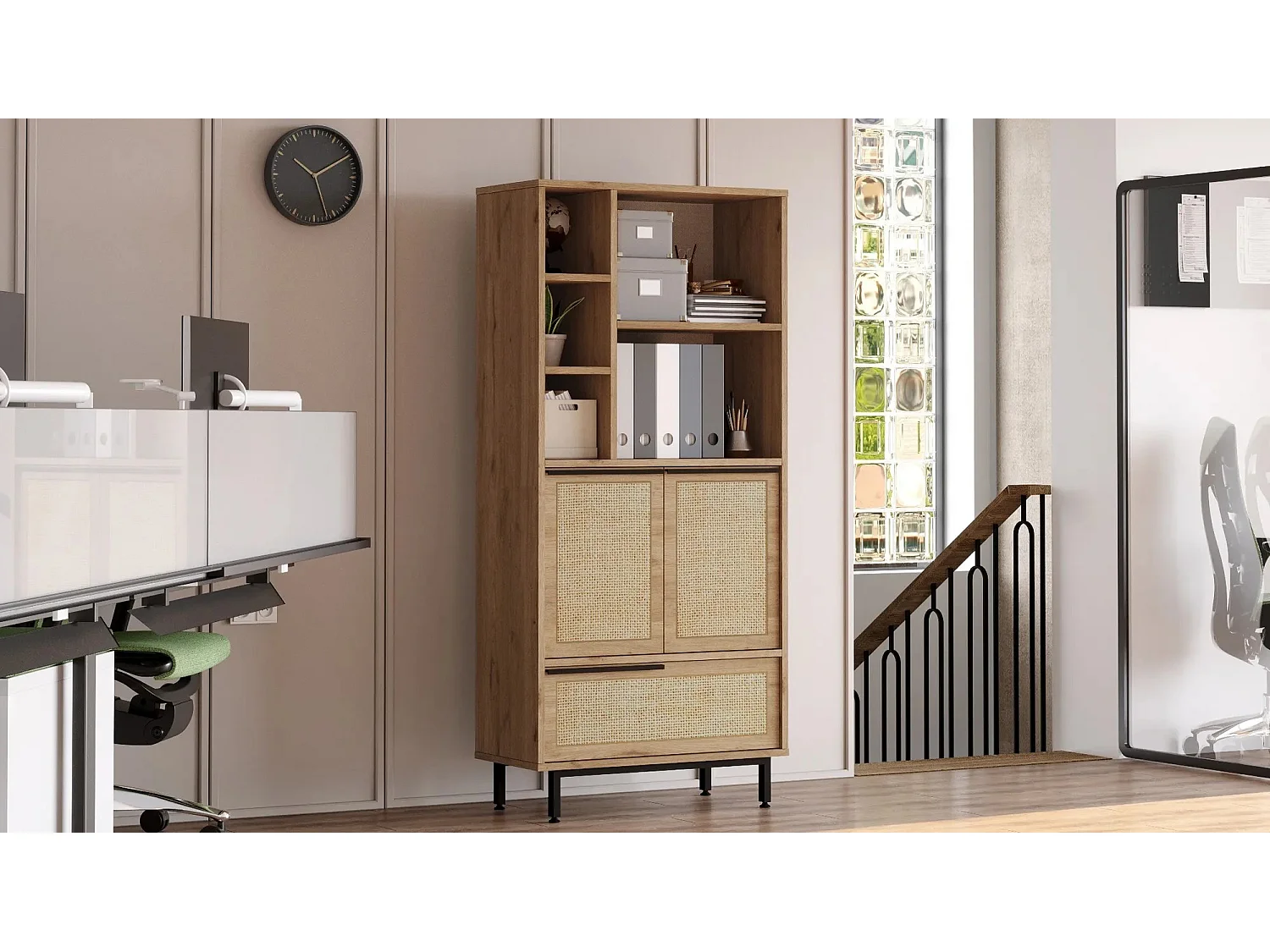 Bibliothèque Evelis L75cm Bois et Rotin clair