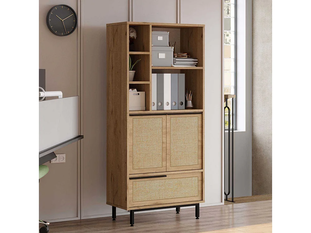 Bibliothèque Evelis L75cm Bois et Rotin clair