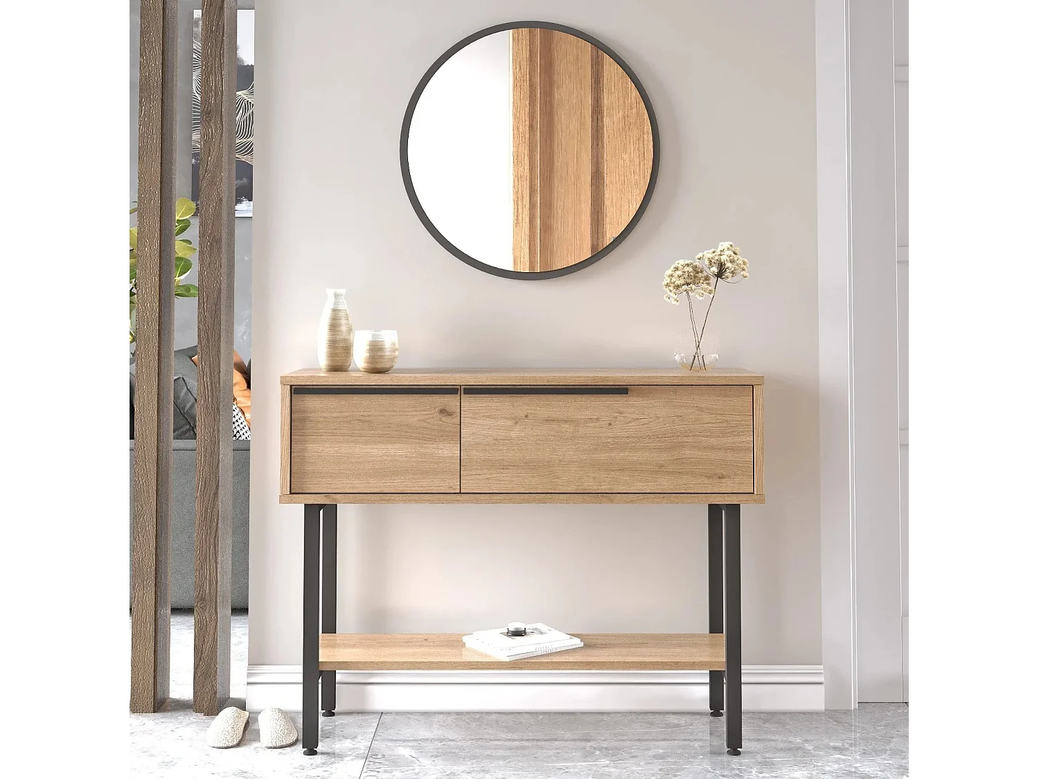 Console style industriel avec miroir Evelis Bois clair et Anthracite
