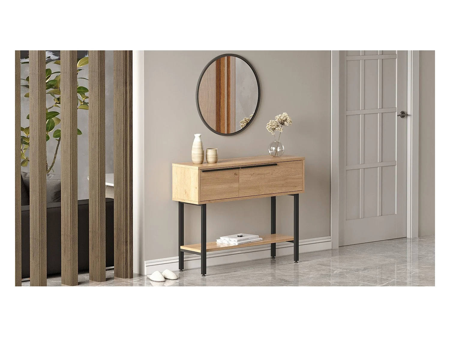 Console style industriel avec miroir Evelis Bois clair et Anthracite