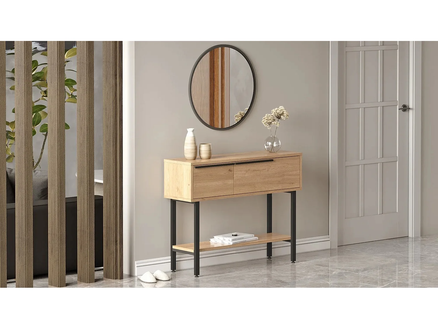 Vaste console met houten en rotan spiegel Zenax 160 cm-Kleur Licht eiken