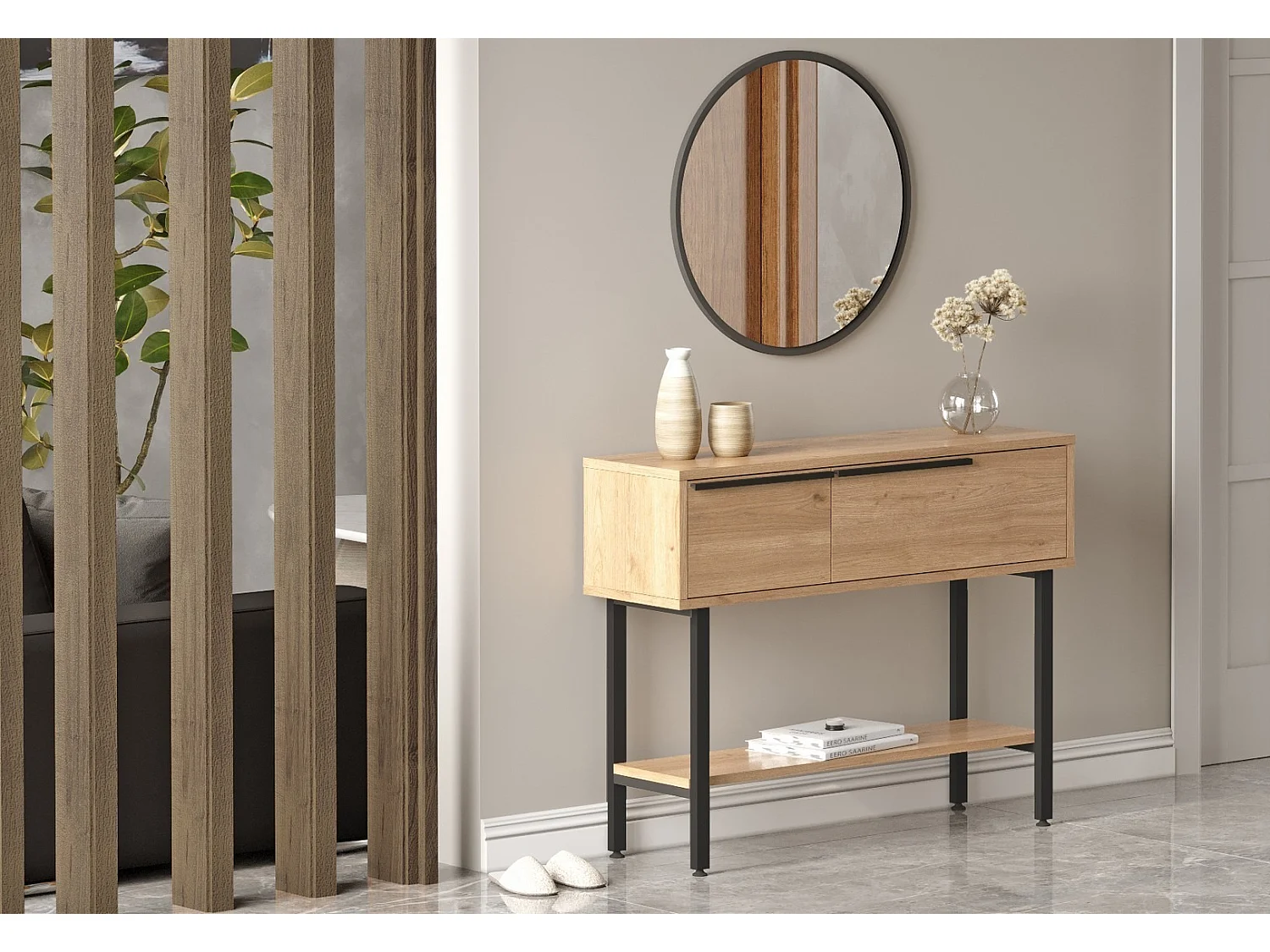 Vaste console met houten en rotan spiegel Zenax 160 cm-Kleur Licht eiken