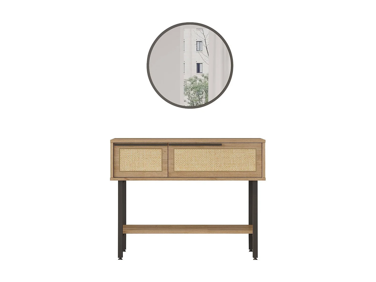 Console style industriel avec miroir Evelis Bois et Rotin clair
