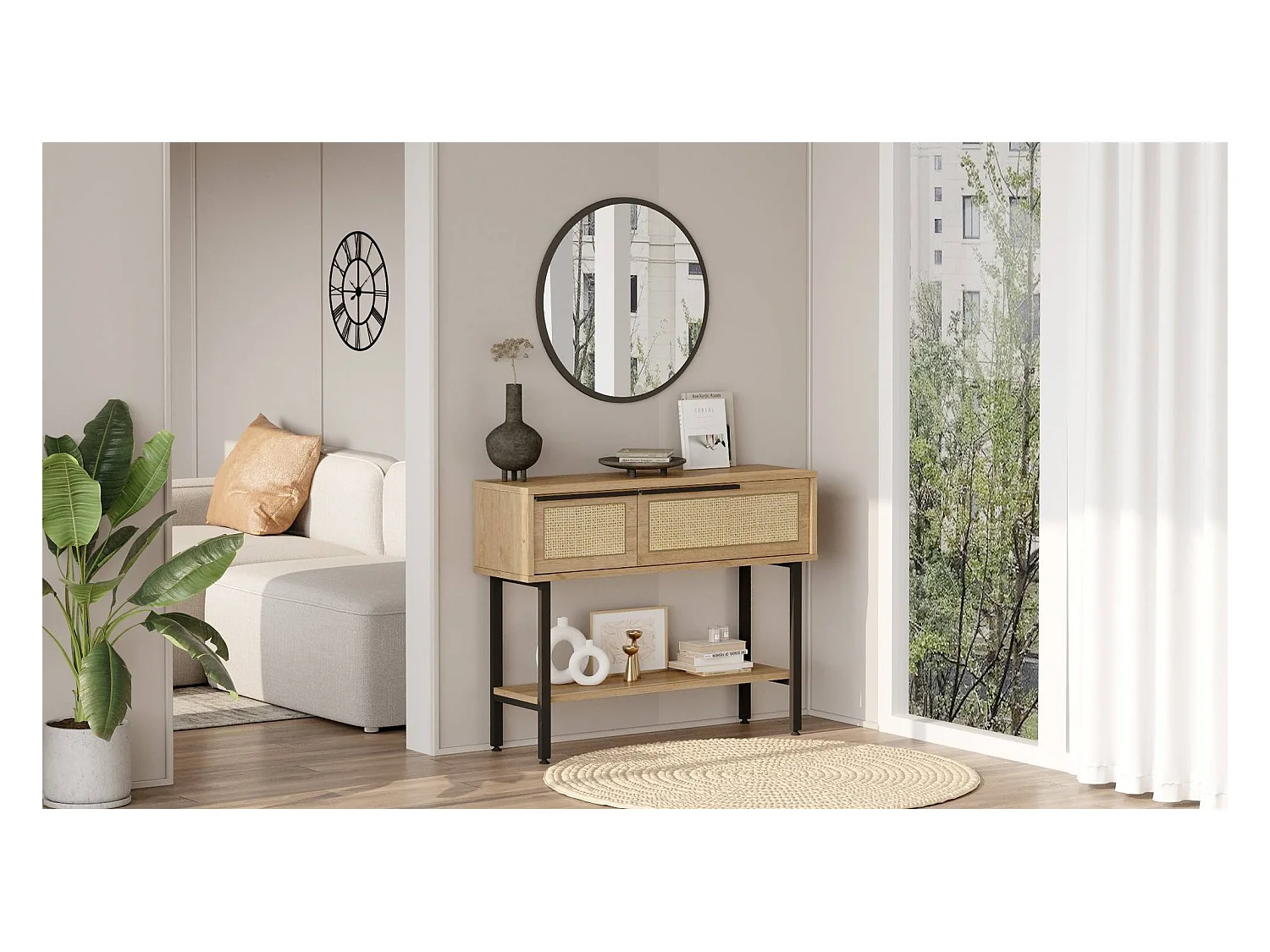 Console style industriel avec miroir Evelis Bois et Rotin clair