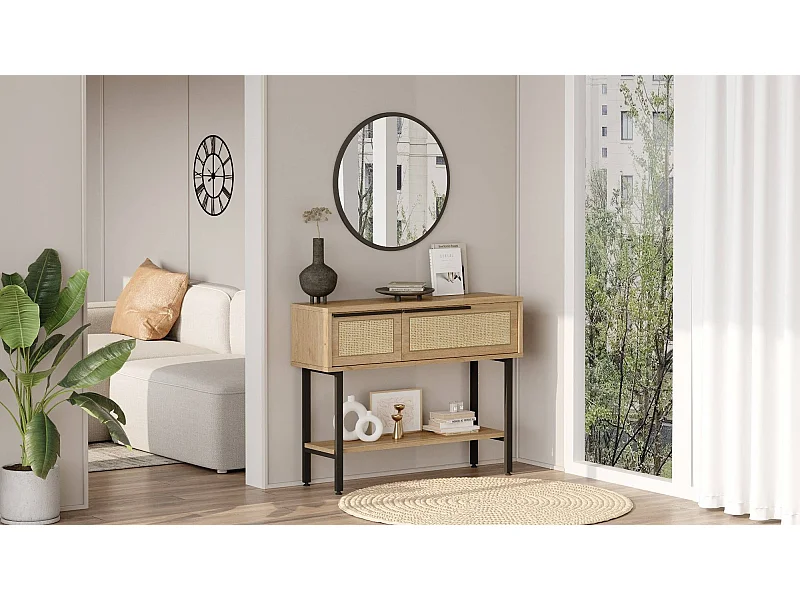 Vaste console met houten en rotan spiegel Zenax 160 cm-Kleur Natuurlijk