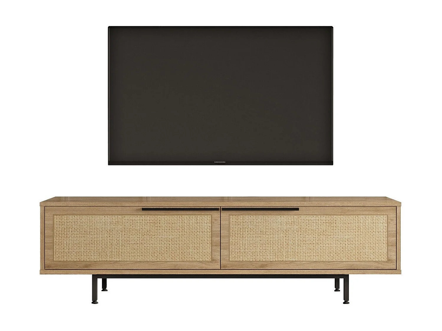Meuble TV 2 portes avec cannage Evelis L160cm Bois et Rotin clair