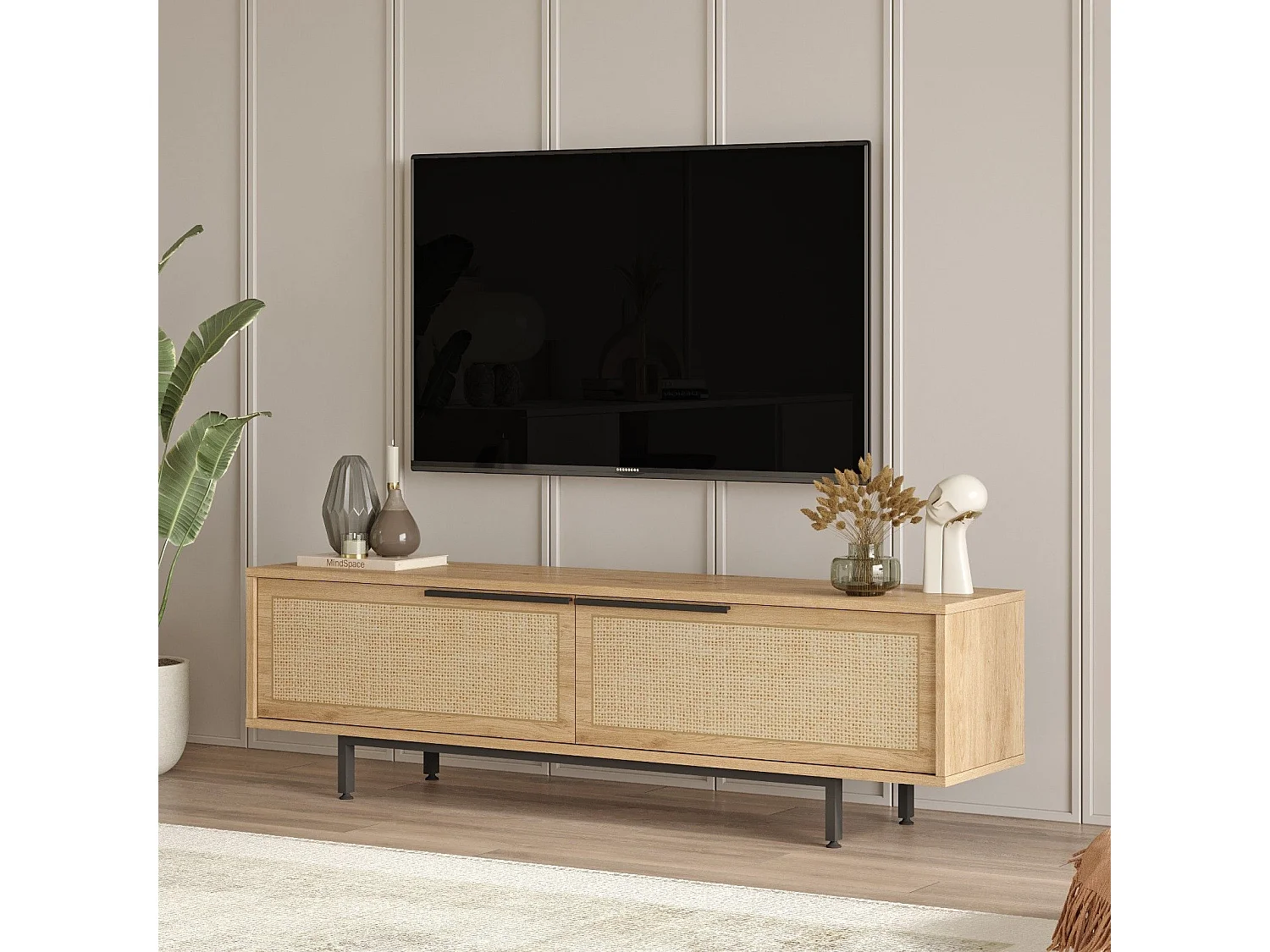 Meuble TV 2 portes avec cannage Evelis L160cm Bois et Rotin clair