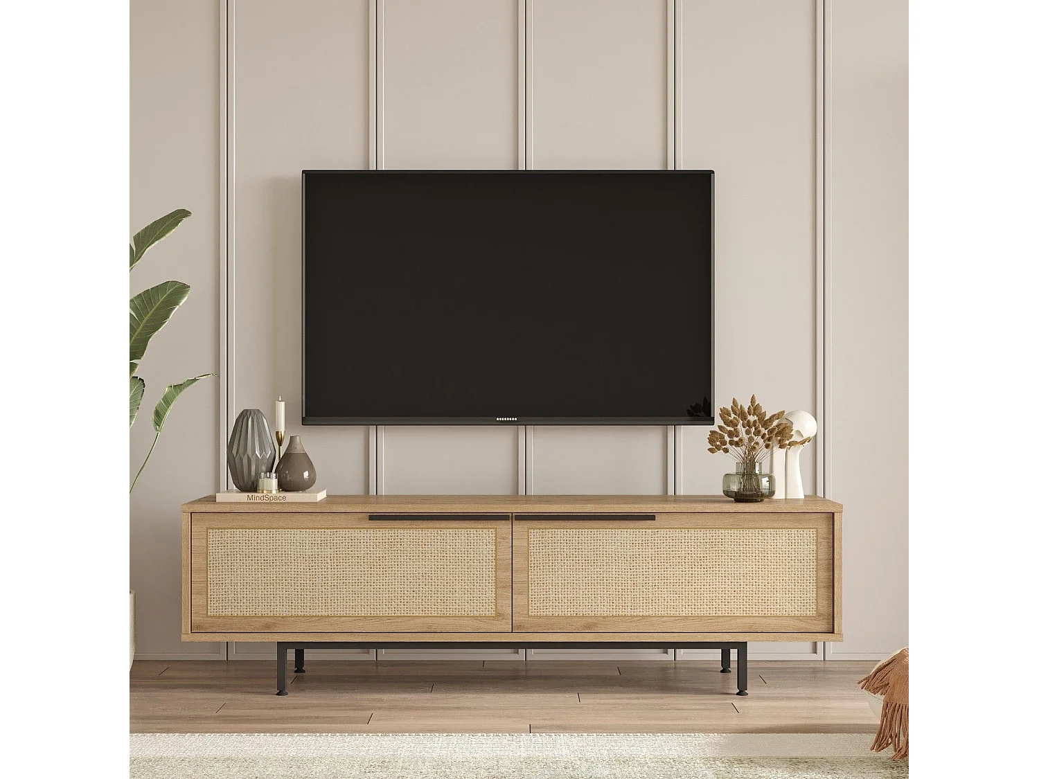 Meuble TV 2 portes avec cannage Evelis L160cm Bois et Rotin clair
