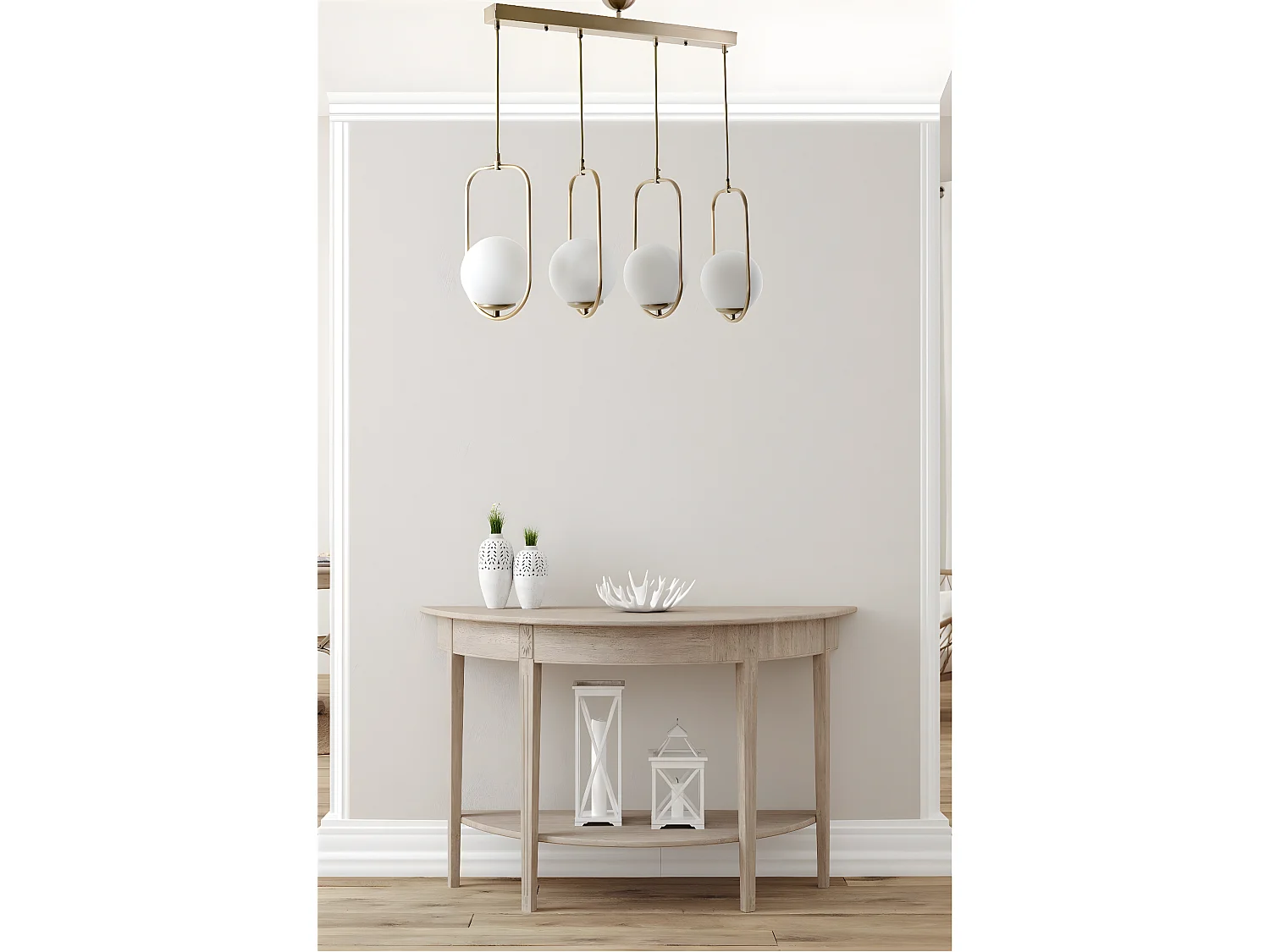 Suspension-plafonnier 4 globes alignés Bulla 65x80cm Verre Blanc et Métal Or rose