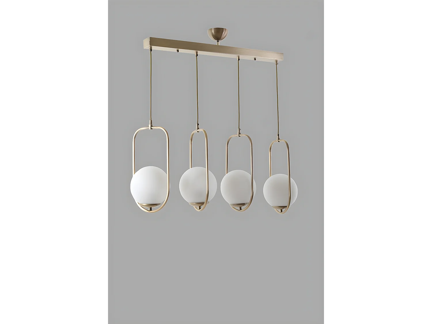 Suspension-plafonnier 4 globes alignés Bulla 65x80cm Verre Blanc et Métal Or rose