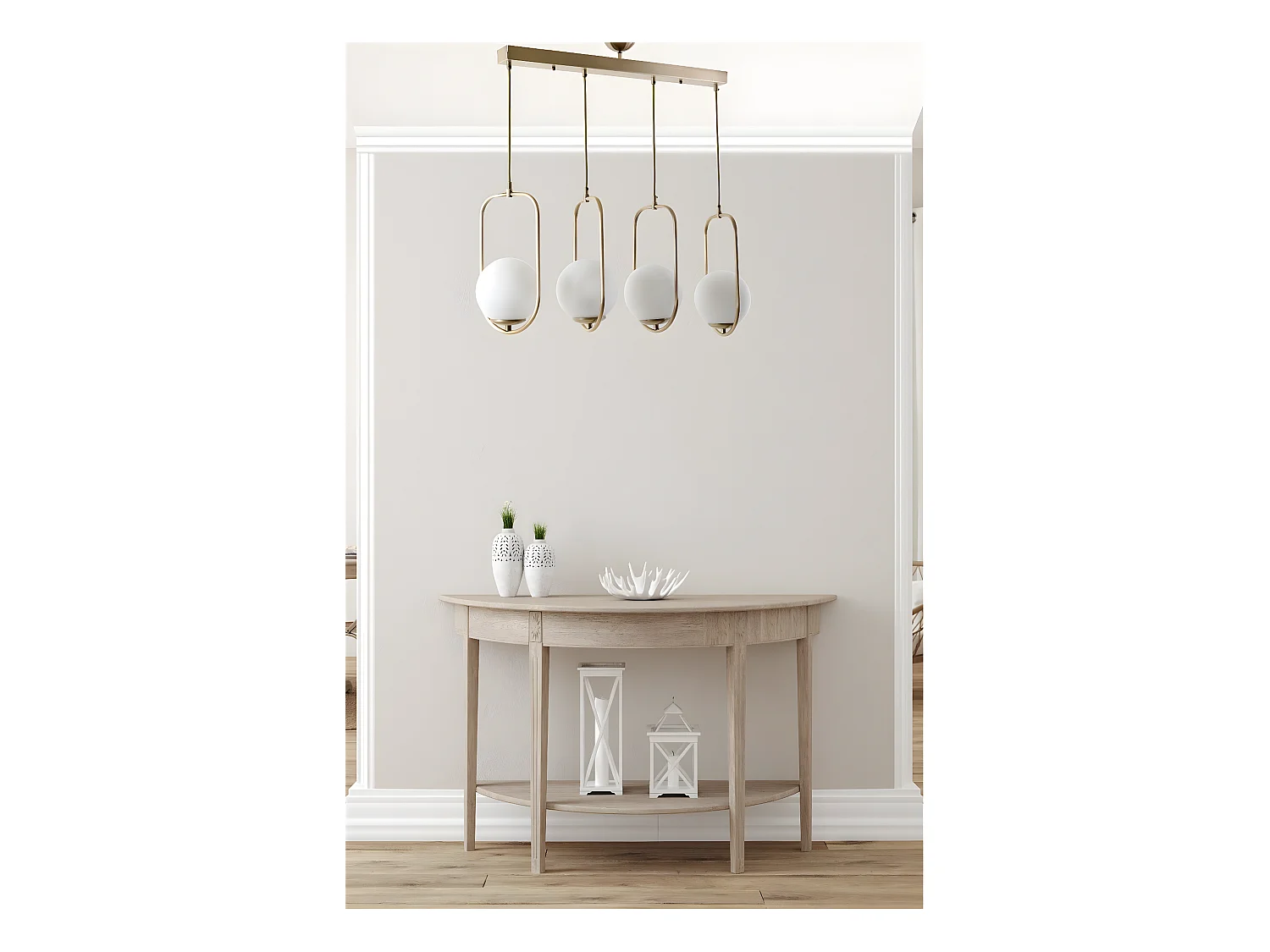 Suspension-plafonnier 4 globes alignés Bulla 65x80cm Verre Blanc et Métal Or rose