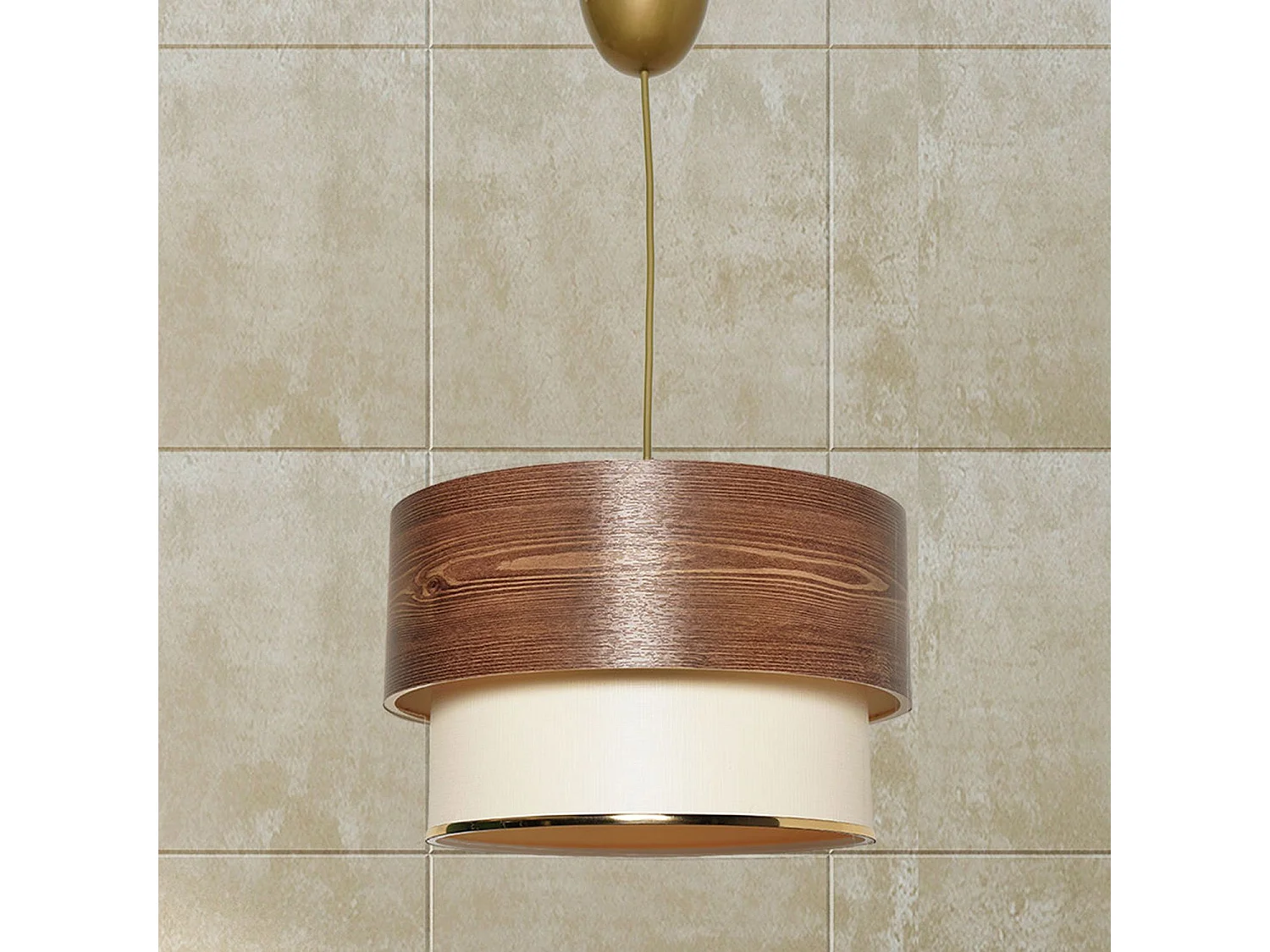 Suspension Clara base Or avec abat-jour Ø30cm bicolore Effet bois et beige