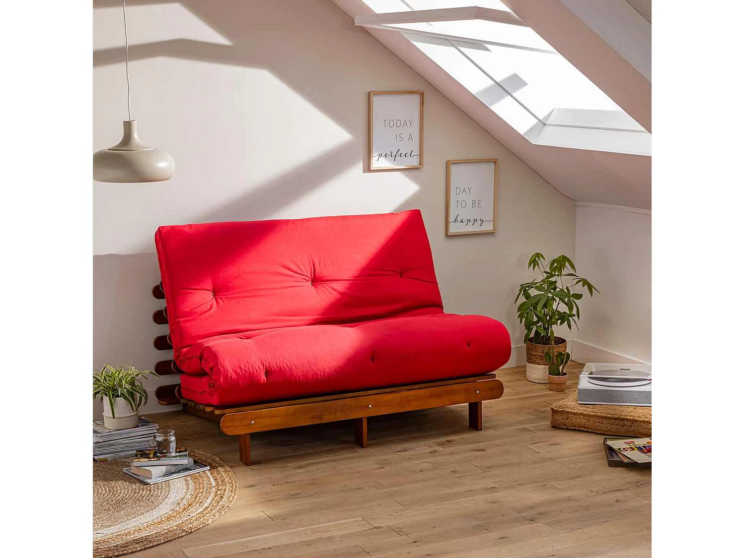 Ensemble matelas futon en coton et structure en bois massif noisette 140x200 Rouge