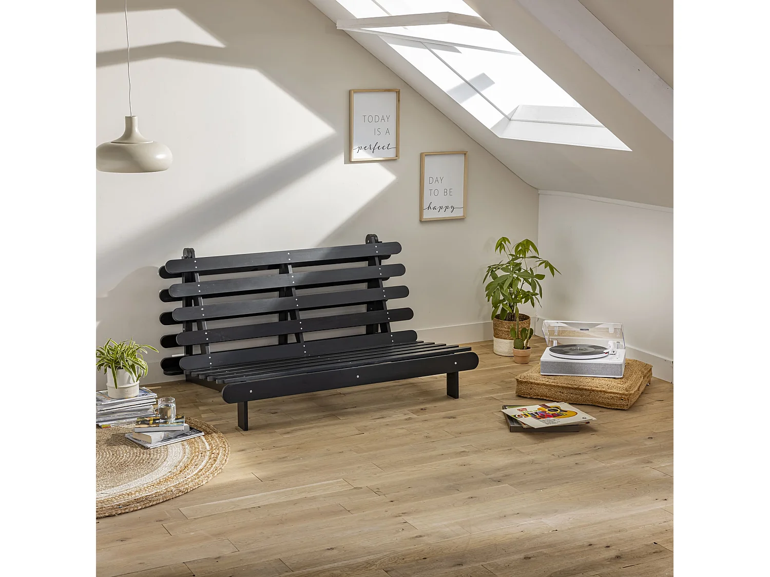 Ensemble matelas futon en coton et structure en bois massif noir 140x200 Ocre