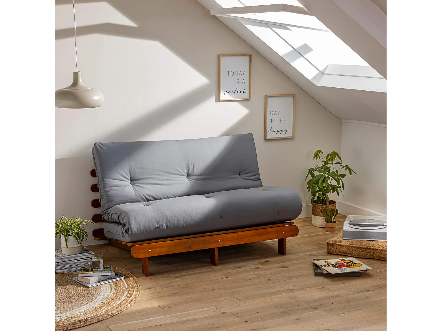 Ensemble matelas futon en coton et structure en bois massif noisette 140x200 Gris