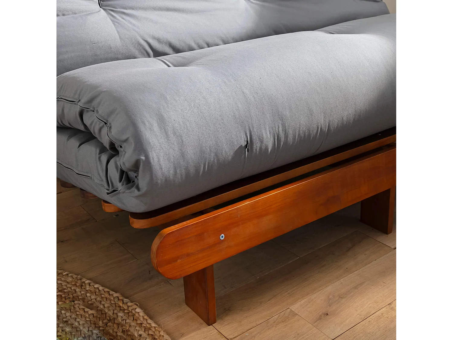 Ensemble matelas futon en coton et structure en bois massif noisette 140x200 Gris