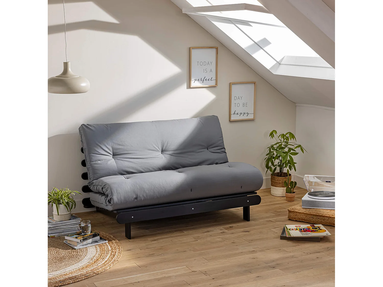 Ensemble matelas futon en coton et structure en bois massif noir 140x200 Gris