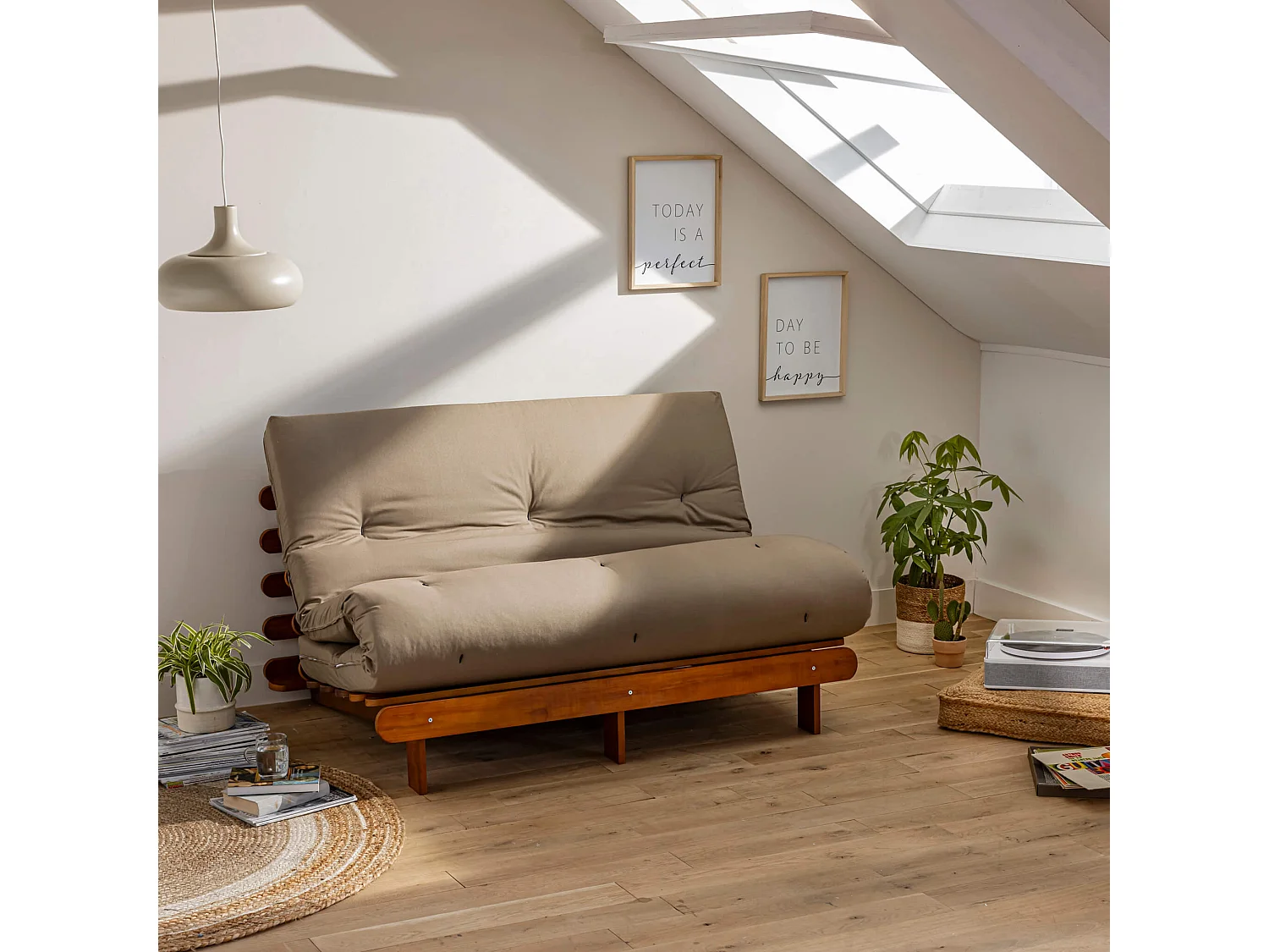 Ensemble matelas futon en coton et structure en bois massif noisette 160x200 Taupe