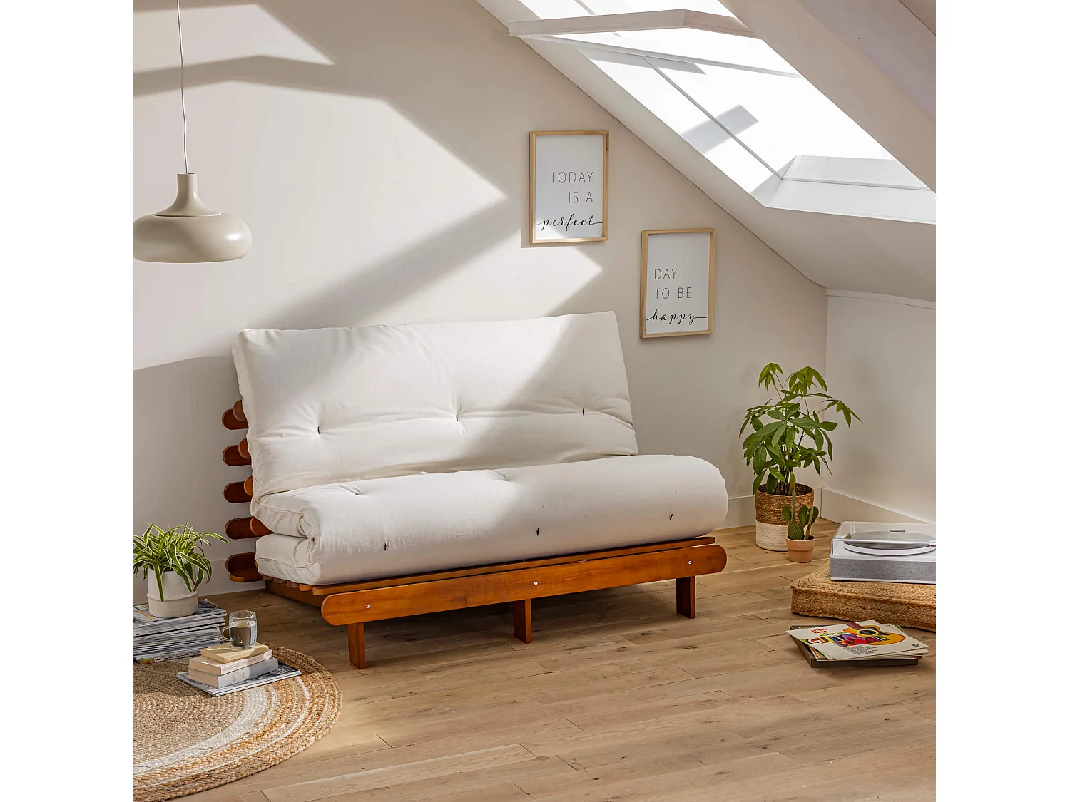 Ensemble matelas futon en coton et structure en bois massif noisette 140x200 Ecru