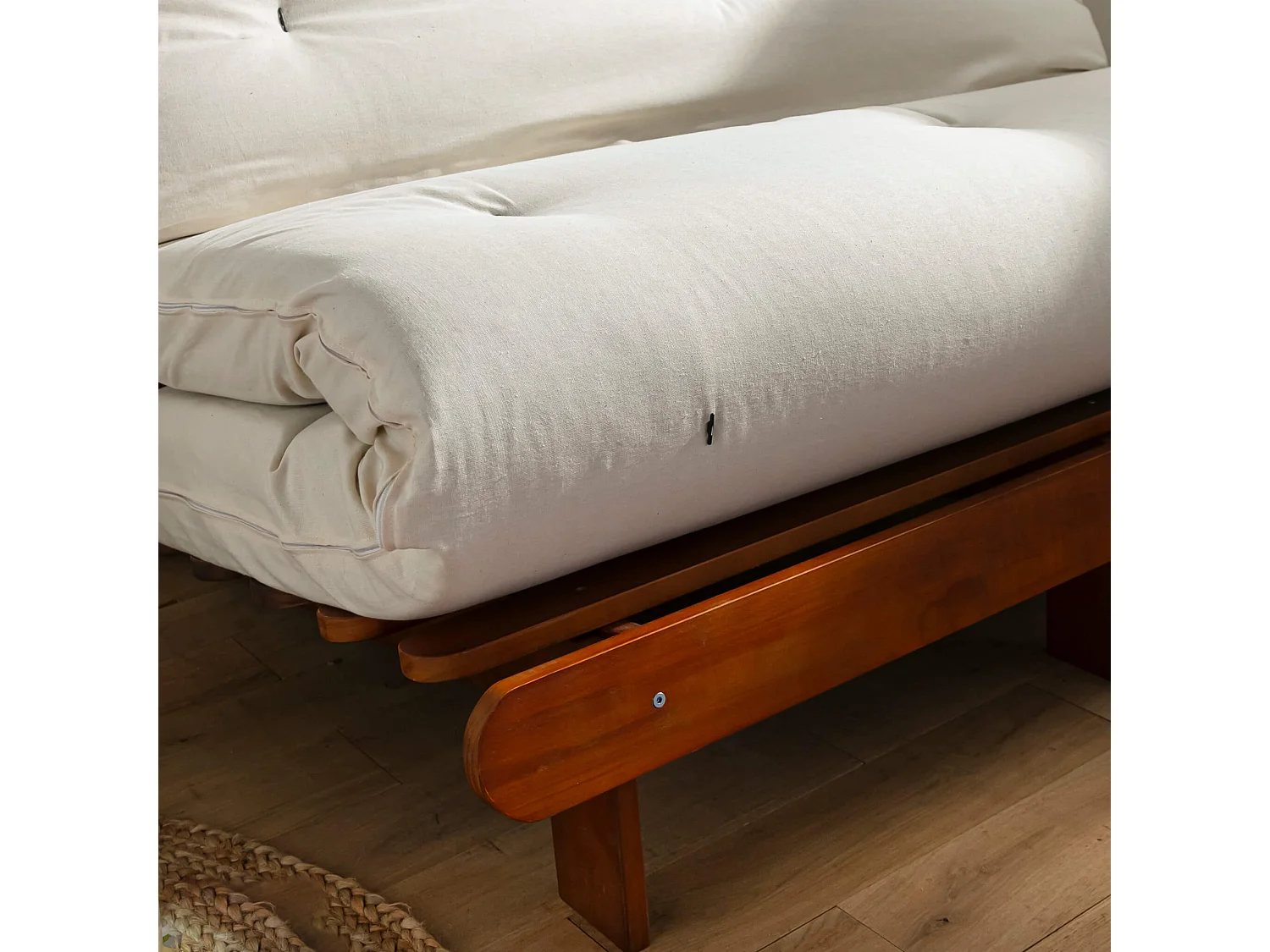 Ensemble matelas futon en coton et structure en bois massif noisette 140x200 Ecru