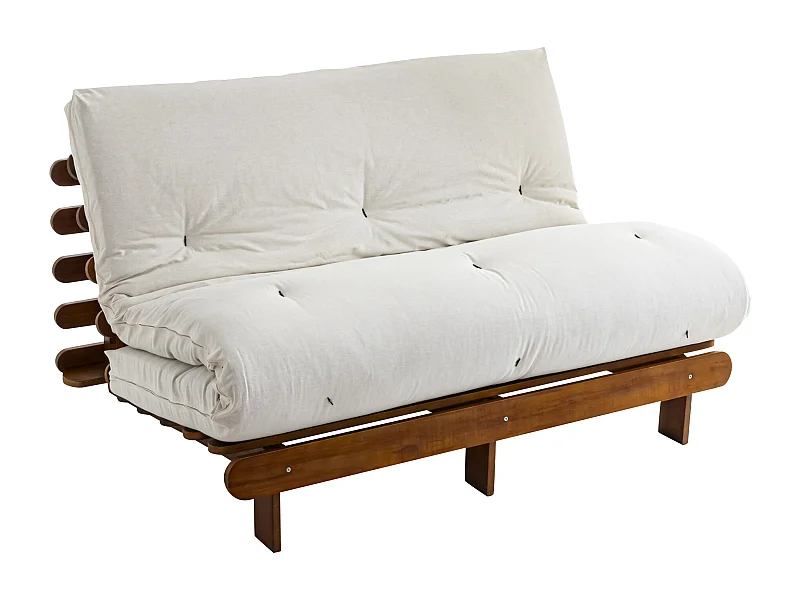 Ensemble matelas futon en coton et structure en bois massif noisette 140x200 Ecru