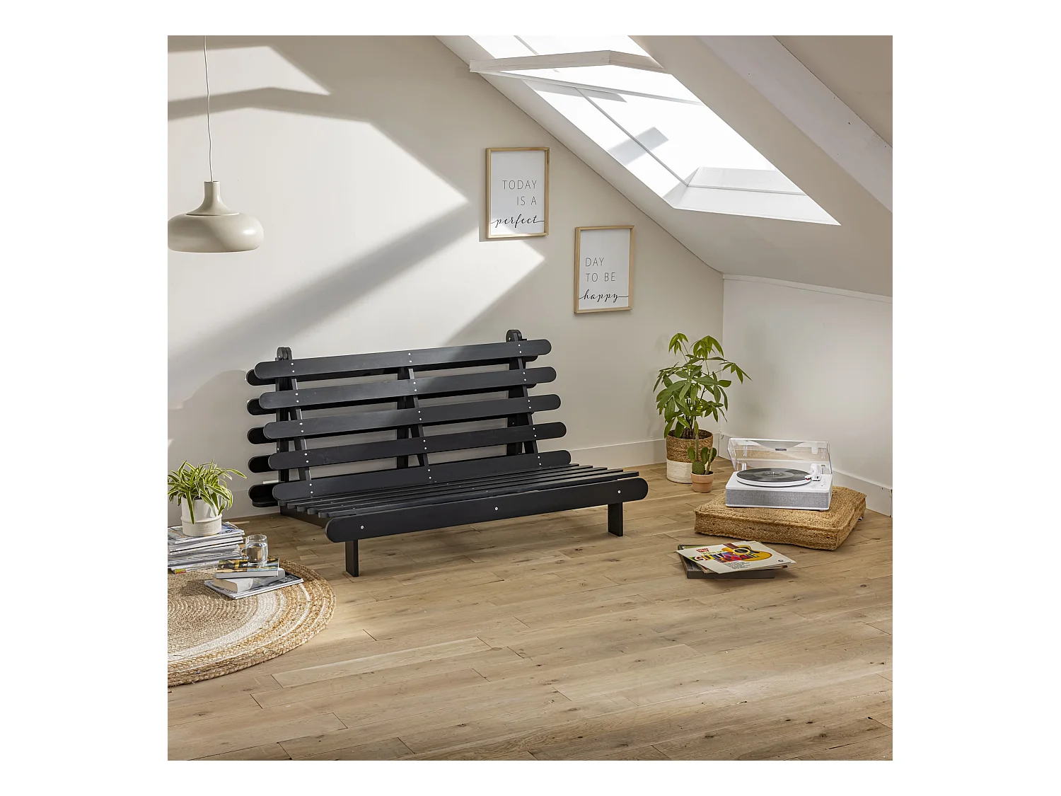 Ensemble matelas futon en coton et structure en bois massif noir 160x200 Ocre