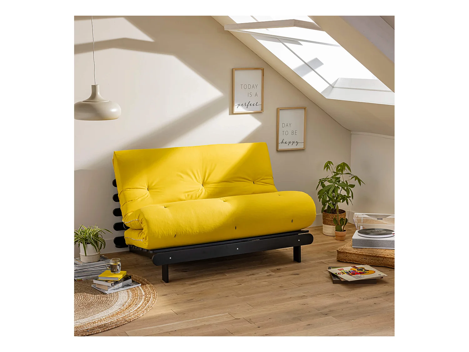 Ensemble matelas futon en coton et structure en bois massif noir 160x200 Ocre