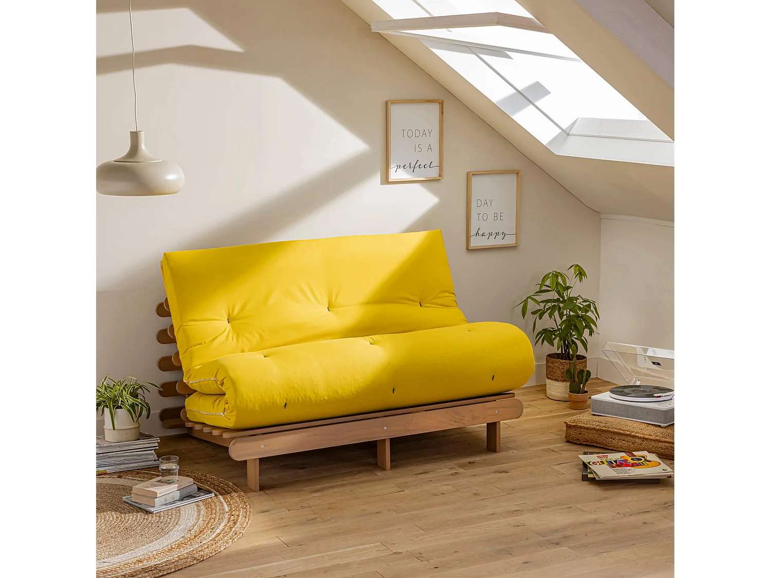 Ensemble matelas futon en coton et structure en bois massif taupe 160x200 Ocre