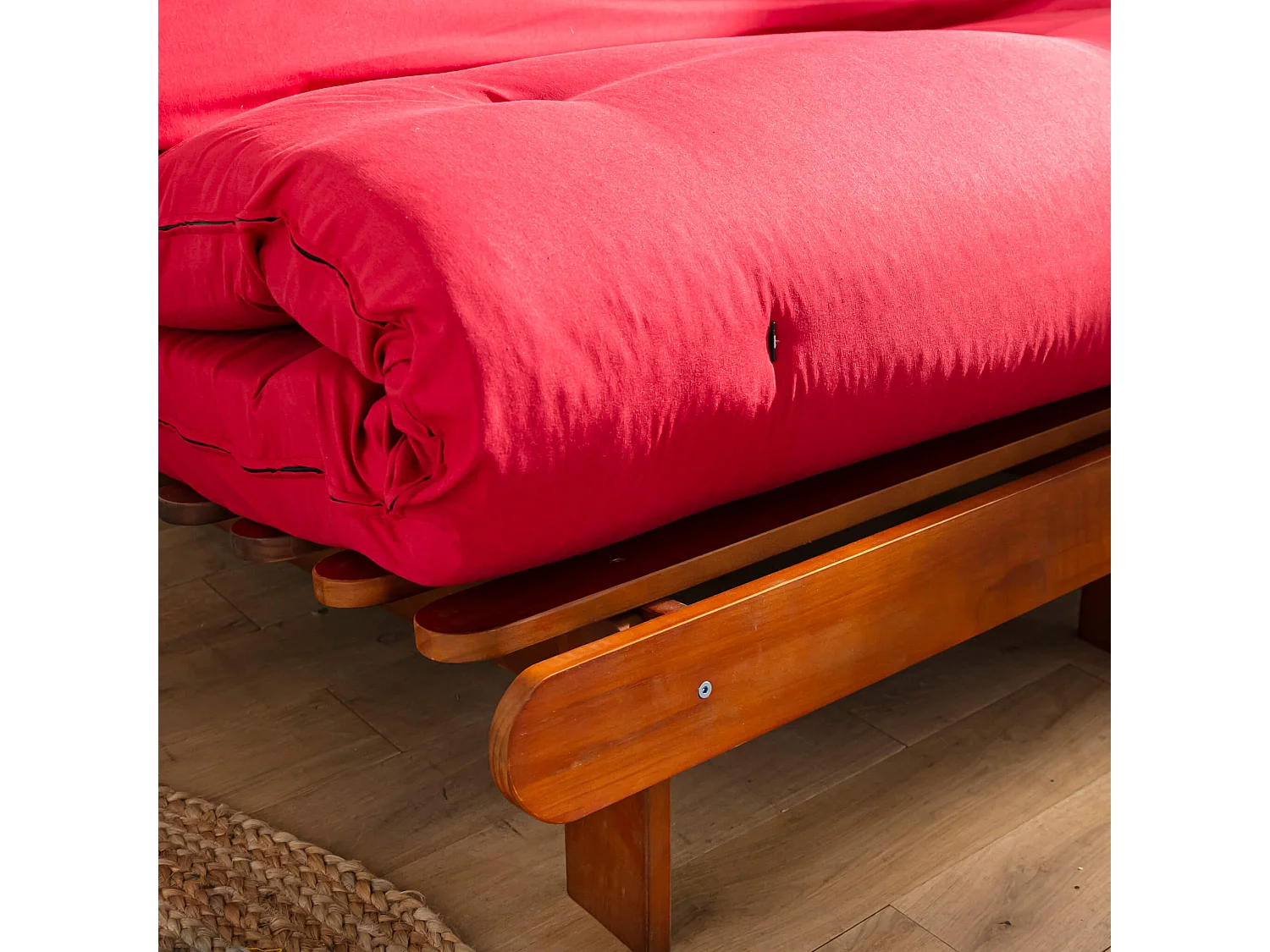 Ensemble matelas futon en coton et structure en bois massif noisette 160x200 Rouge