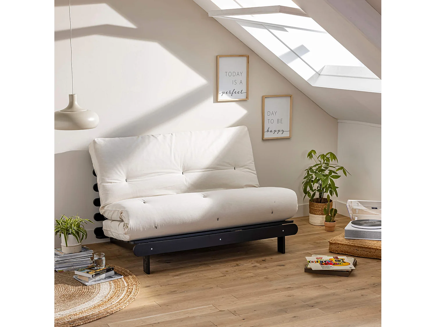 Ensemble matelas futon en coton et structure en bois massif noir 160x200 Ecru