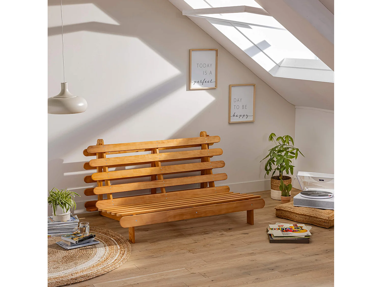 Ensemble matelas futon en coton et structure en bois massif naturel 160x200 Anthracite