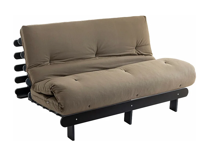 Ensemble matelas futon en coton et structure en bois massif noir 160x200 Taupe