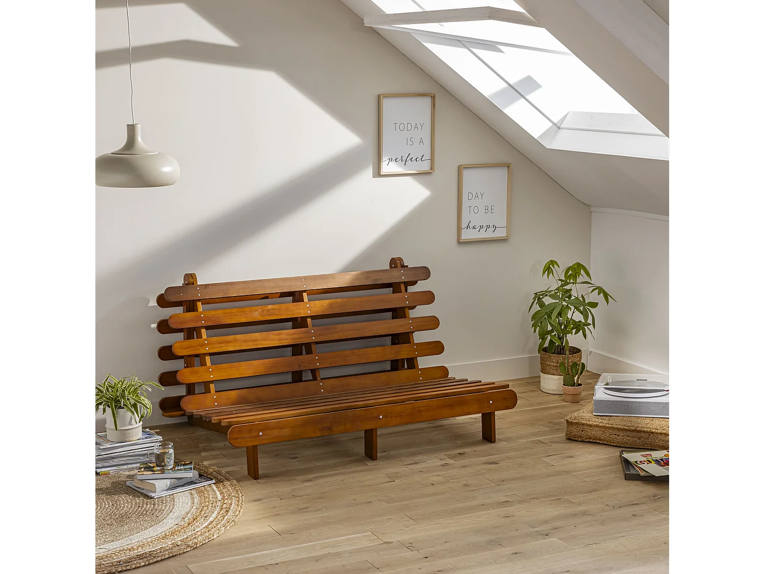 Ensemble matelas futon en coton et structure en bois massif noisette 140x200 Anthracite