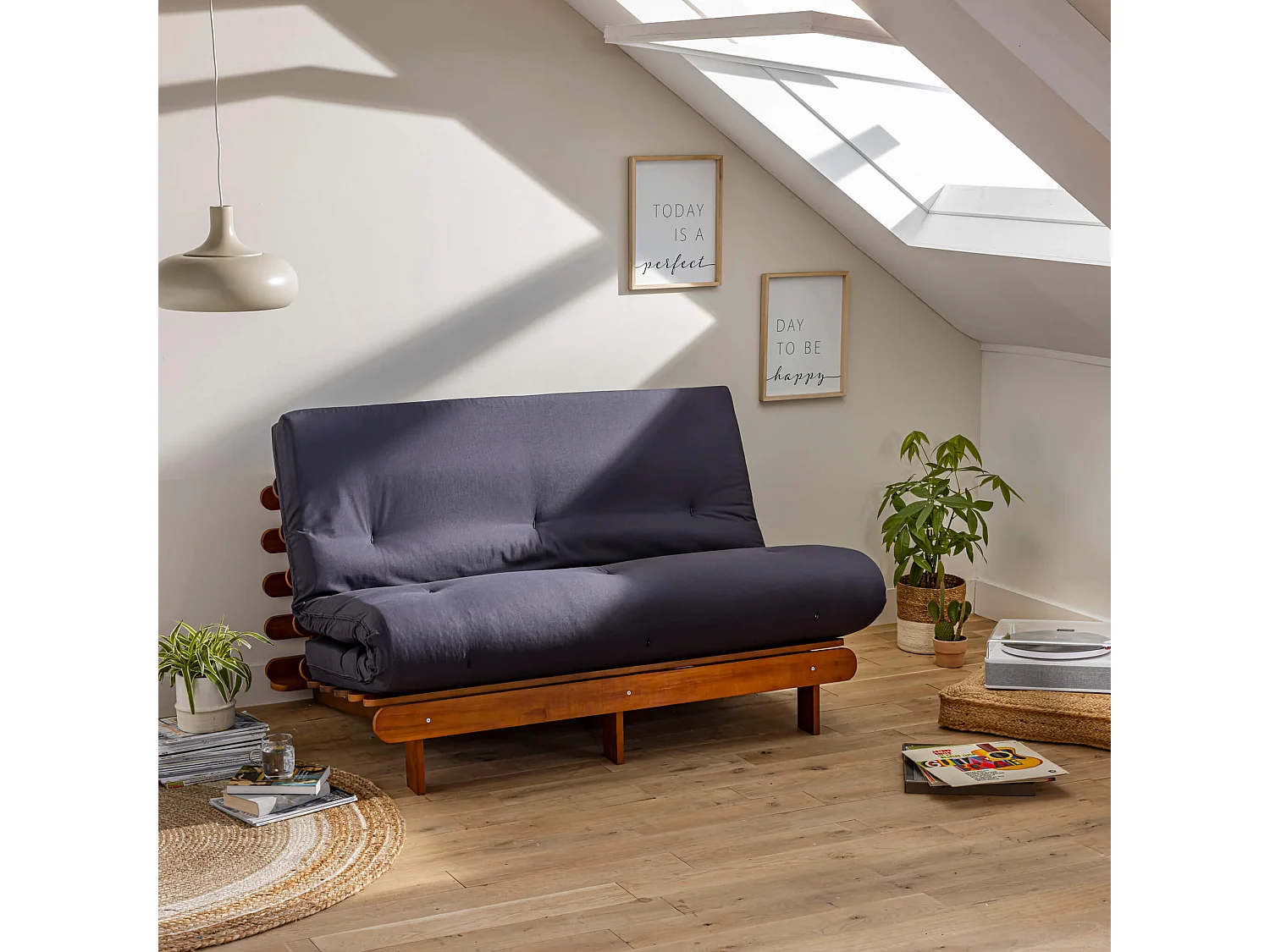 Ensemble matelas futon en coton et structure en bois massif noisette 140x200 Anthracite