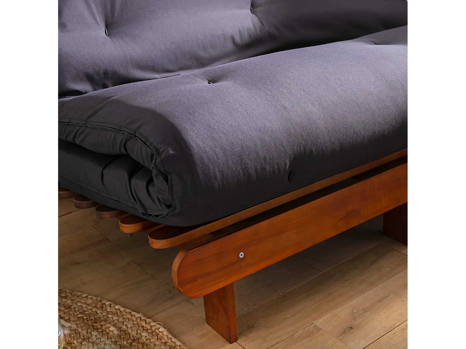Ensemble matelas futon en coton et structure en bois massif noisette 140x200 Anthracite
