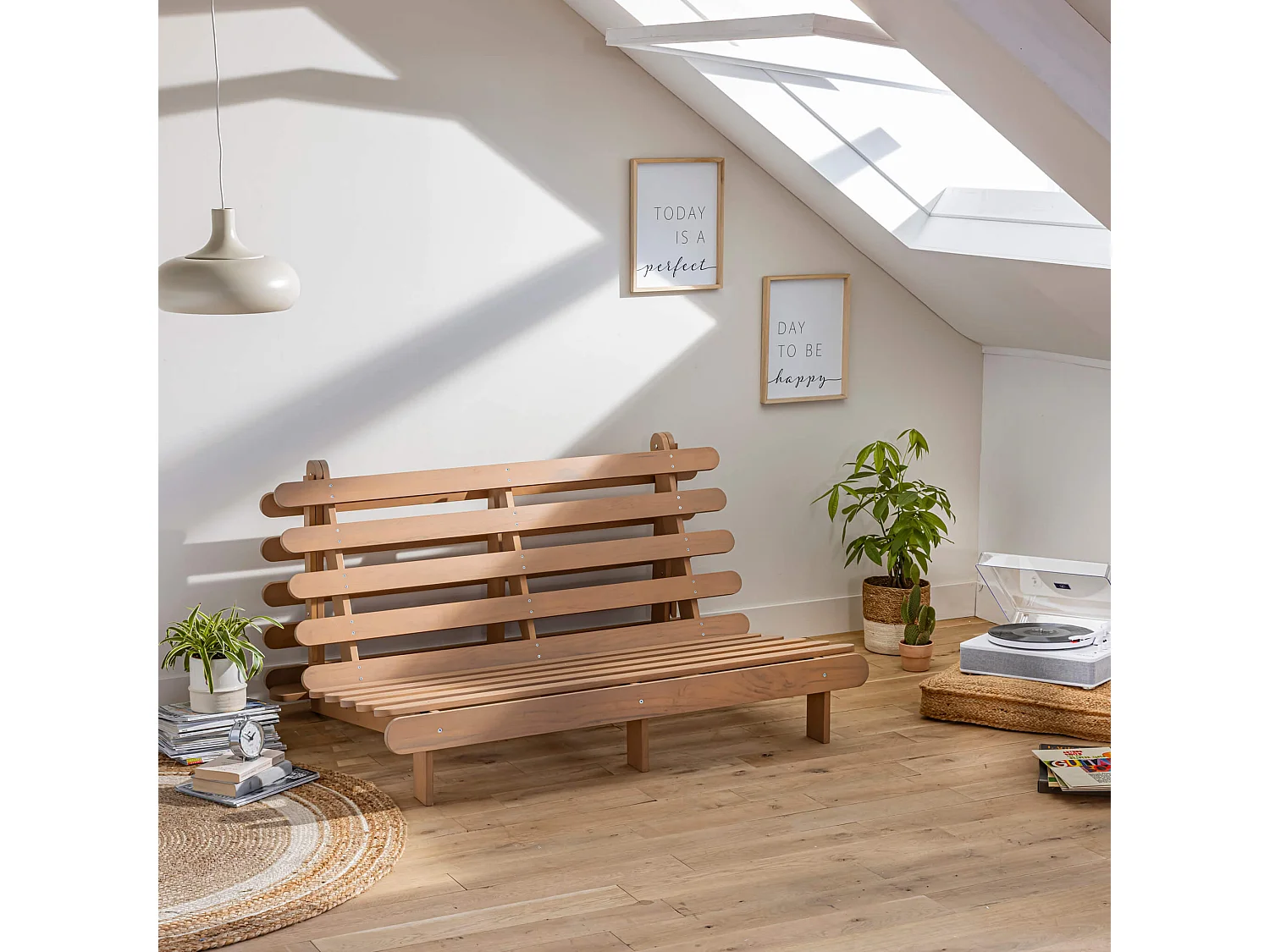 Ensemble matelas futon en coton et structure en bois massif taupe 140x200 Ecru