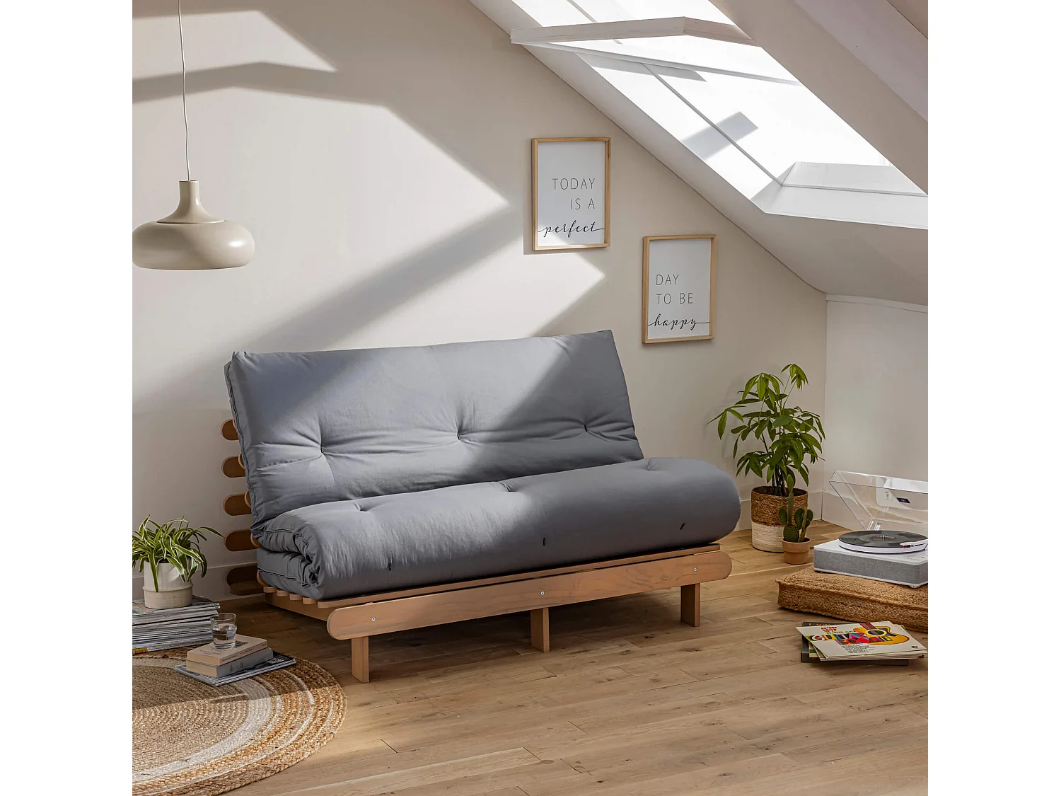 Ensemble matelas futon en coton et structure en bois massif taupe 160x200 Gris