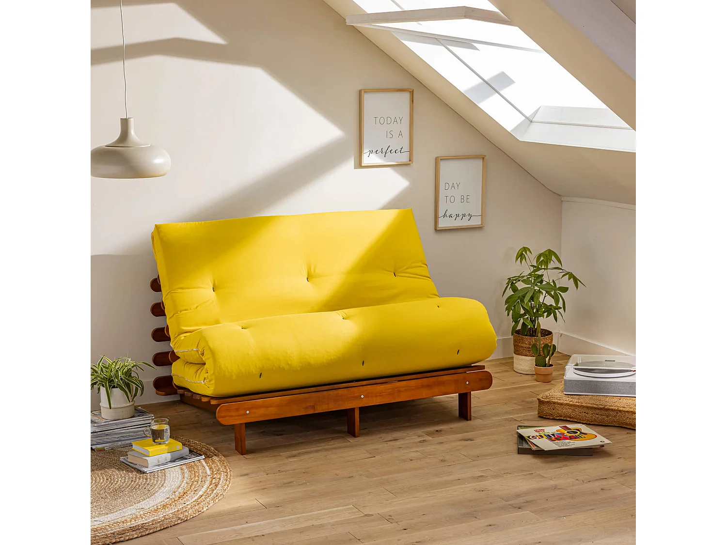 Ensemble matelas futon en coton et structure en bois massif noisette 160x200 Ocre