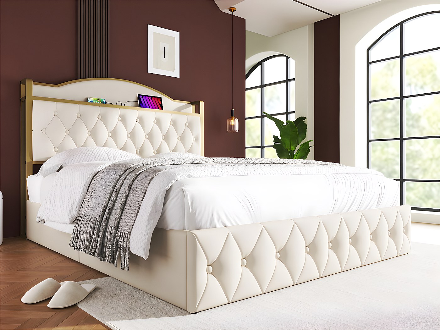 Lit Coffre Design Avec Tête De Lit Velours, Rangements Hydrauliques Et Ports USB/Type-C – 160x200 Cm (Beige) - 11