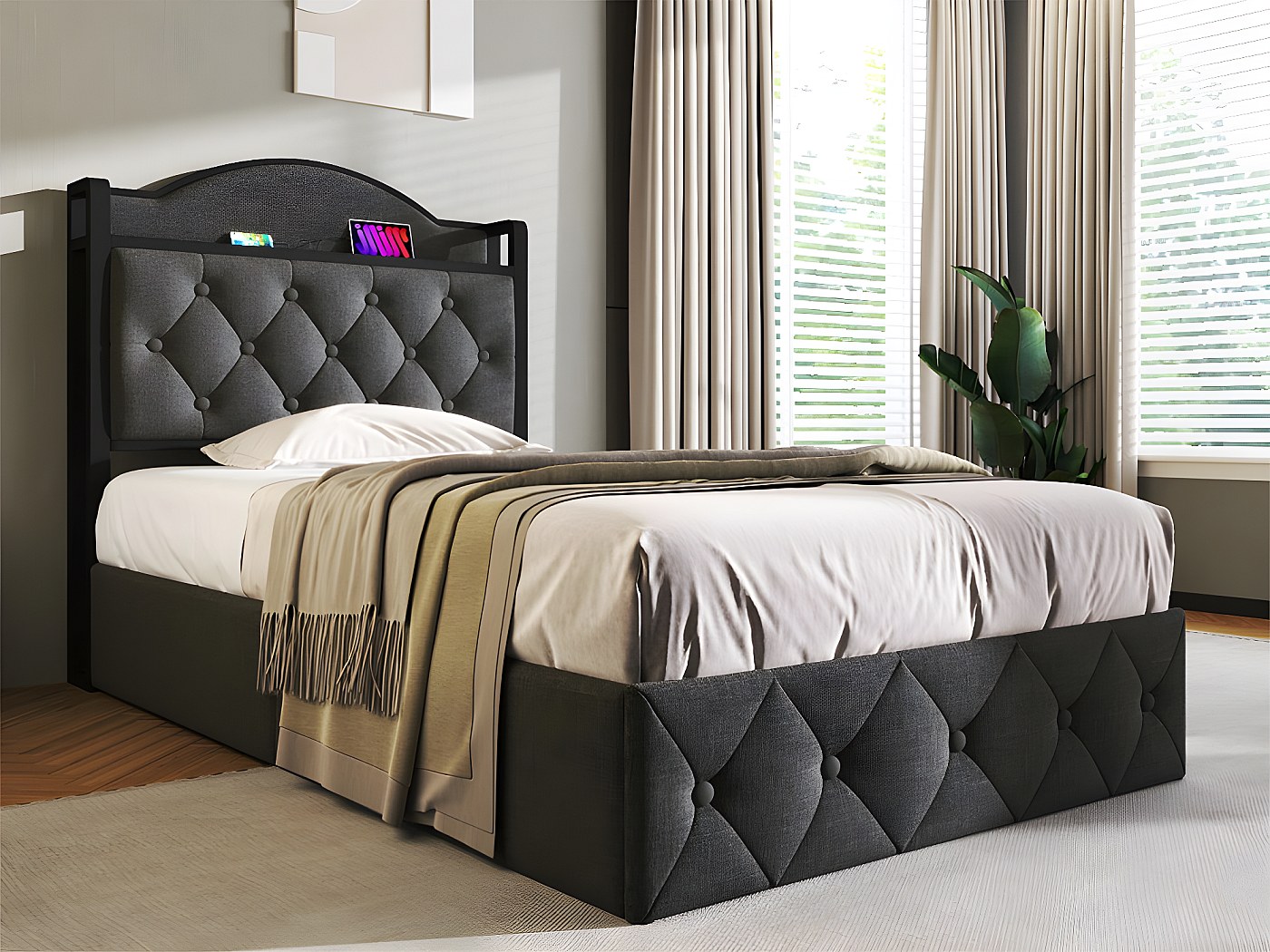 Letto Singolo 90x200 Con USB E Type-C - Letto Contenitore Grigio Con Rete In Legno - Foto 13