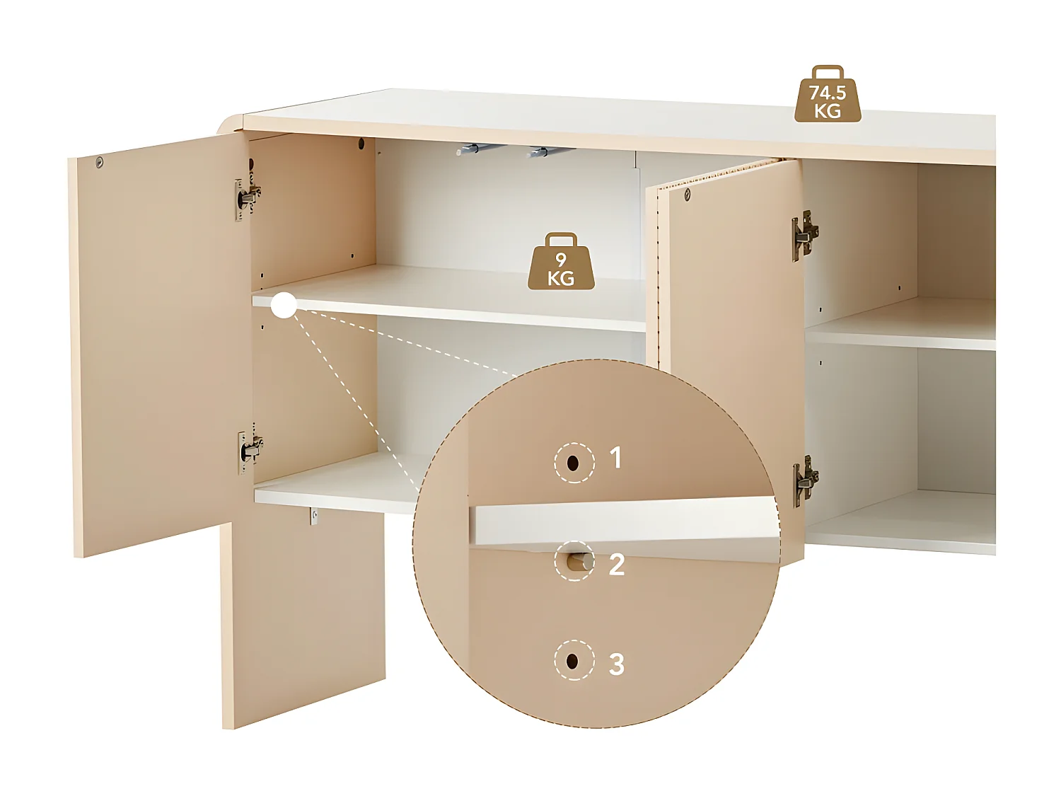 Buffet en MDF - avec étagères réglables en hauteur - Crème