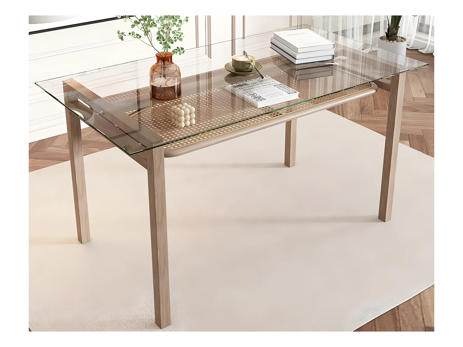 Table à manger avec espace de rangement - plateau en verre trempé - Marron