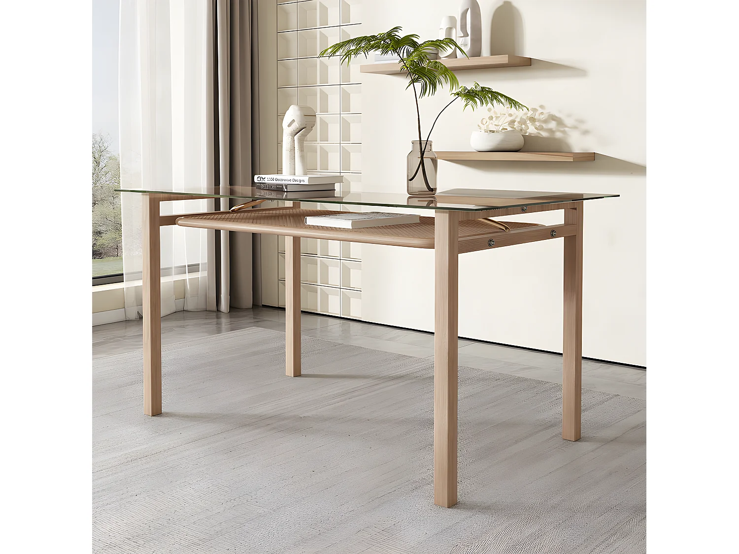 Table à manger avec espace de rangement - plateau en verre trempé - Marron